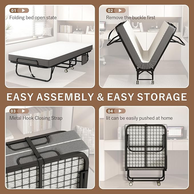 Folding Bed with Mattress for Adults, 75" x 38"Portable Twin-Size Rollaway Bed, Metal Frame Foldable Guest Bed with Memory Foam Mattress,Deluxe Single Beds with Side Storage Pocket