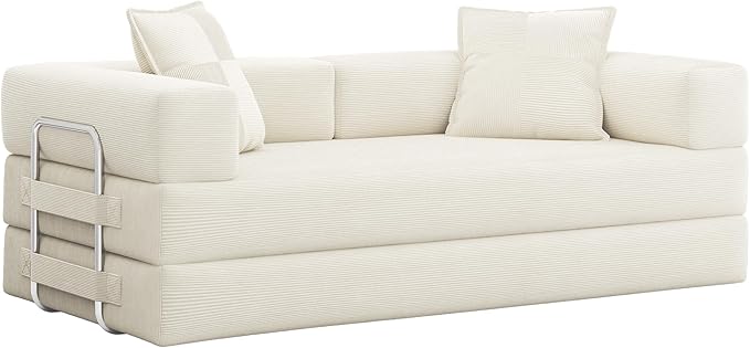 78 Inch Convertible Sofa Bed, 5-in-1 Futon Sofa Bed Pull Out Couch, Boneless Couch Bed for Living Room, Corduroy Boneless Couches for Bedroom, Apartment, No Assembly Sleeper Sofa Bed, Beige | 4 Fixed-Shape Frame, Removable Corduroy, High-density foam, ...