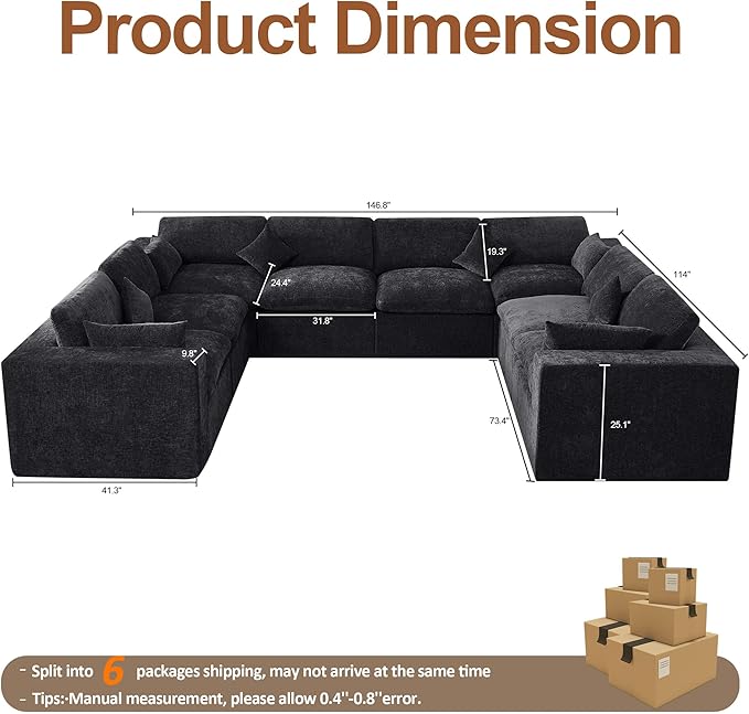 155''Cloud Boneless Sectional Couch, Modular Sectional Sofa Deep Seat, Oversized Upholstered Convertible Comfy 8 Seater Chenille Memory Foam Sofa U Shape Couches for Living Room, Dark