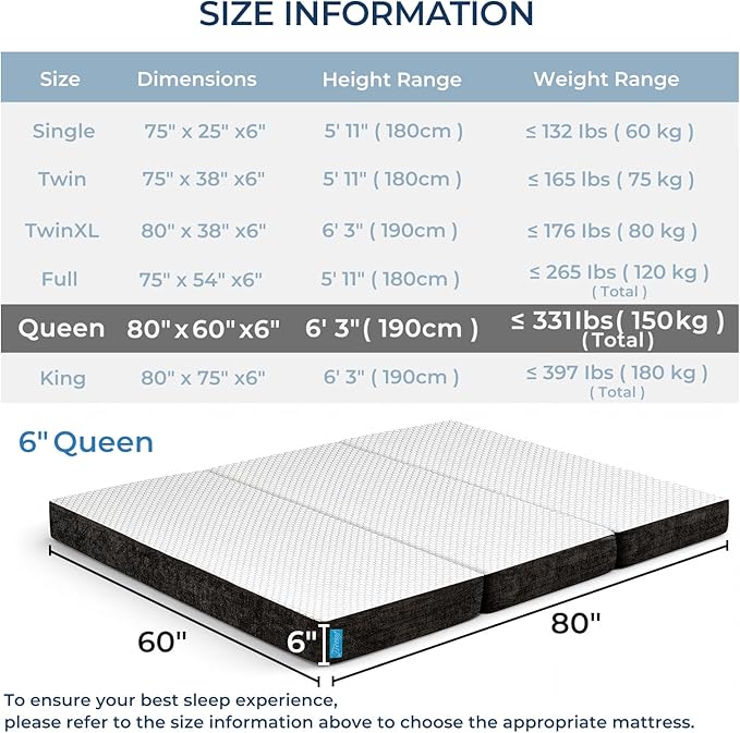 Odorless Foldable Mattress Queen Size 80" x 60" x 6", 6 Inch Medium Firm Folding Foam Mattress with Storage Bag, Fiberglass Free Trifold Memory Foam Mattress for RV, Guest Bed