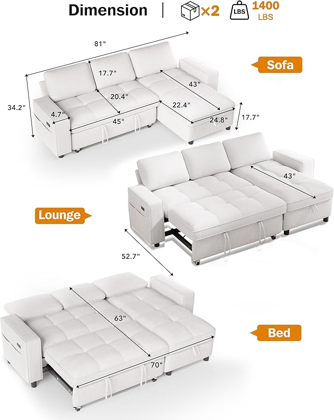 WEUP Modular Sectional Sleeper Sofa Bed, 81" L-Shaped Couch Bed with Adjustable Backrest, Pull Out Couch with Reversible Chaise Storage, USB Charging & Tool-Free Assembly, Chenille Beige | Breathable material, Tool-Free Assembly, Reclining Backrest