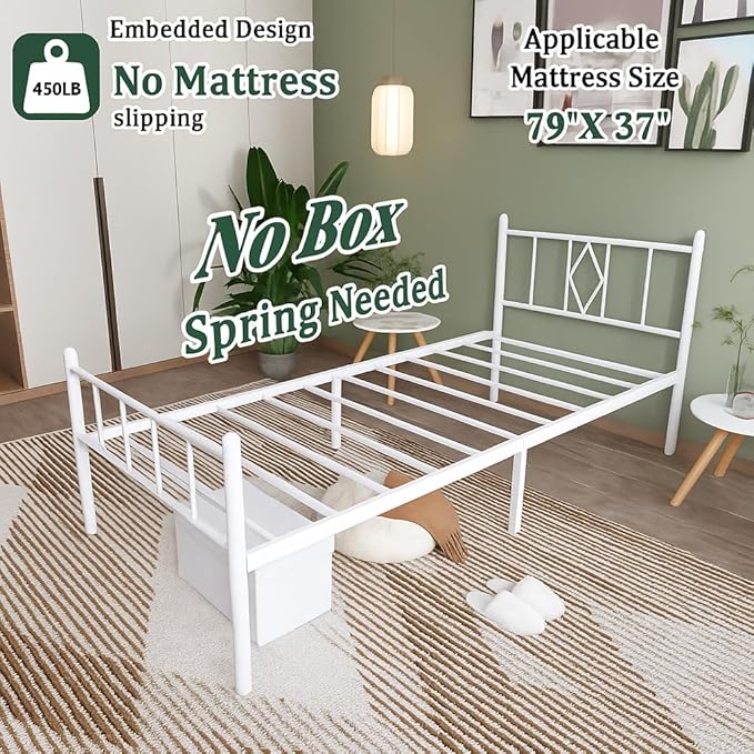 Decorwise 14 Inch Twin XL Size Bed Frames with Headboard/Footboard, Under Bed Storage, Strong Metal Slats Support, No Box Spring Needed, Noise Free, Easy Assembly, White