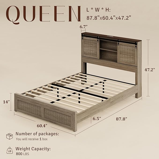 Queen Size Bed Frame with Storage, Sliding Barn Door, Farmhouse Wood Platform Bed with Reading Light and Charging Station, Wood Slats Support, Easy Assembly, Noise-Free, Light Rustic Oak