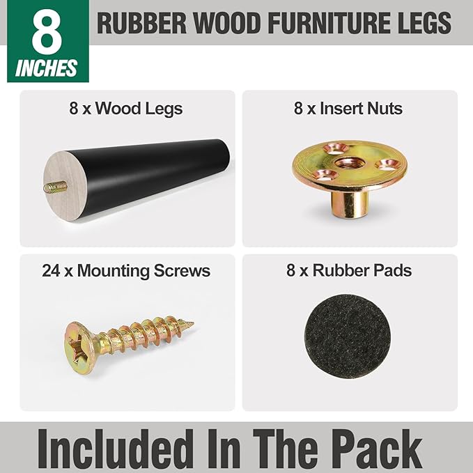 FoDau770 Black Rubber Wood Furniture Legs 8 Inches, Straight Tapered Wood Feet Mid Century Sofa Legs Set of 8, 5/16" UNC Furniture Feet for Cabinet Couch Dresser Chair Ottoman Table