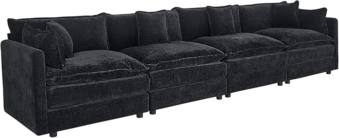 Setawix Chenille Cloud Couches for Living Room,4 Seater Cloud Sofa Couch with Deep Seat,147.22" Roomy Cloud Sofas,Modular Sectional 4 Seat Sofa with Pillows for Bedroom (Black, 4 Seater)