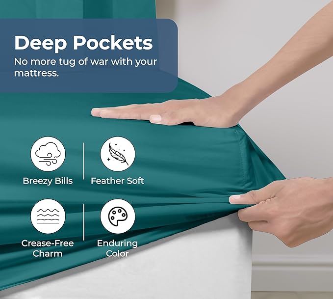 Royale Linens 100% Organic Cotton Fitted Sheet - Percale Weave - Super Soft Deep Pocket Bottom Sheets - Elastic Sheet Queen Size - Queen Fitted Sheets Only - (60"x80"+15", Teal)