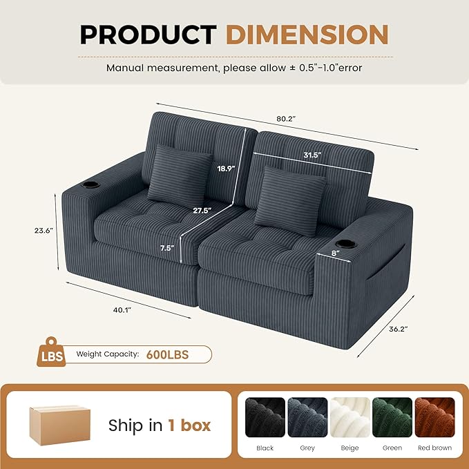 80" Boneless Loveseat Sofa in a Box,No Assembly Required Comfy Deep Seat Cloud Couch,Modern Small Couches for Living Room, Bedroom,Apartment,Dark Grey 1 PCS