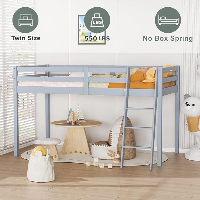 VINGLI 47'' Tall Junior Low Loft Bed with Stairs, Wood Loft Bed Twin Size for Adults, Kids and Young Teens, No Box Spring Required,Wood Slat Support, Gray