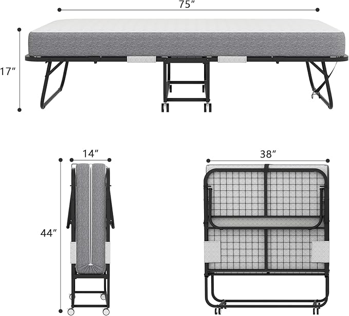 Espsilto Folding Bed with Mattress, Portable Foldable Twin Size 75" x 38" Folded Rollaway Bed with Sturdy Metal Frame for Guest