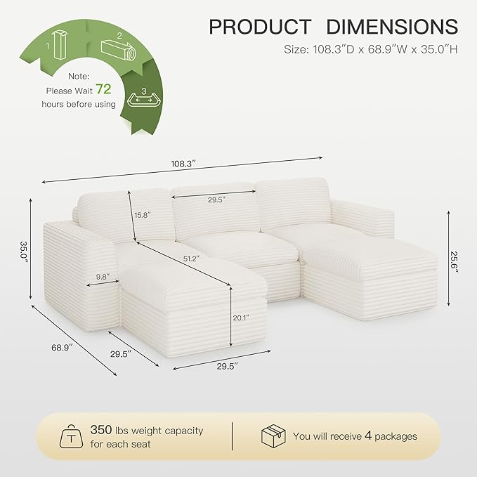 Belffin Boneless Modular Cloud Sectional Couch with Deep Seat Plush Corduroy 3-Seater Boneless U Shaped Couch with Ottoman No Assembly Required. Beige Sofa