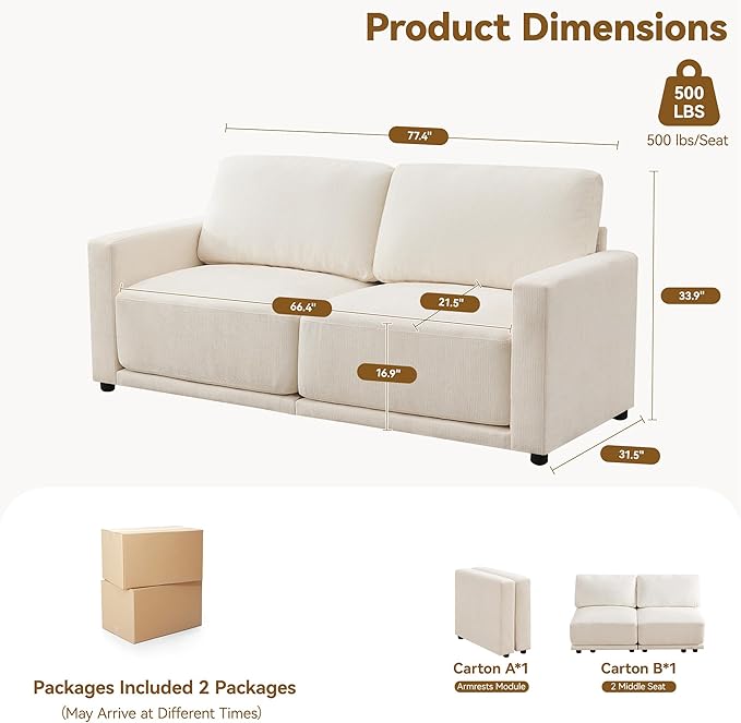 77.4" Modular Sectional Loveseat Sofa, Cloud Deep Seat Couch, Love Seat Sofas for Living Room, 2 Seater Chenille Couches with Thickened Cushions, White
