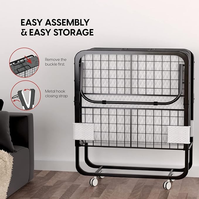 EconoHome Folding Bed with Mattress - 75x38 Twin Size Frame - Portable Rollaway Guest Bed with 5-inch Memory Foam Mattress - Space-Saving Foldable Design for Easy Storage