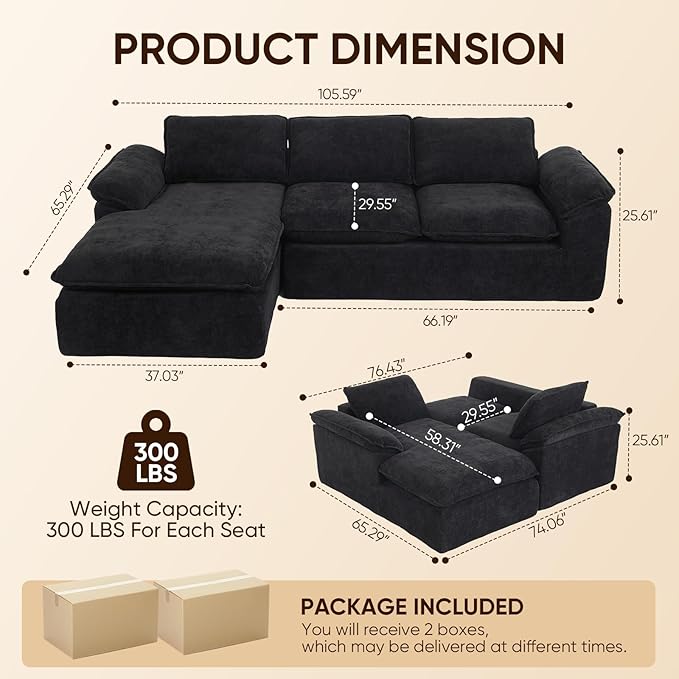 105.6”L Shape Modular Sectional Couch for Living Room, Modern Cloud Sectional 3 Seat Sofa with Oversized Chaise, Woven Texture Upholstery Boneless Couch (Black, Left Facing Chaise)