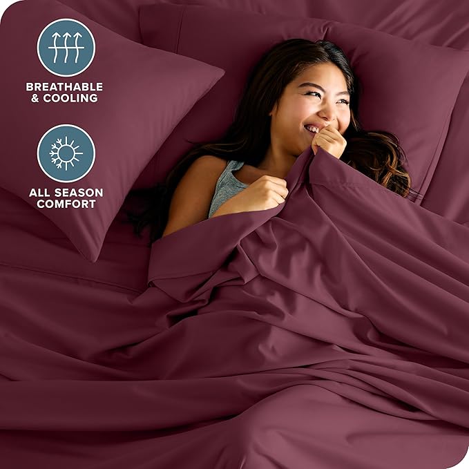 Bare Home Split Head Flex King Sheet Set - 1800 Ultra-Soft Microfiber Bed Sheets - Double Brushed - Deep Pockets - Easy Fit - 4 Piece Set - Bedding Sheets & Pillowcases (Burgundy)