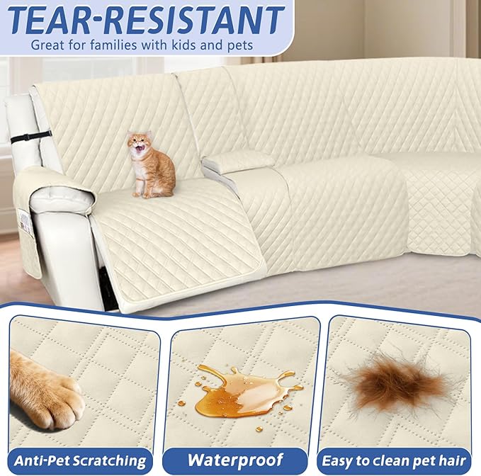 Arfntevss Recliner Sectional Couch Covers 1OO% Waterproof L Shape Sofa Cover for Reclining L Shaped Sectional Slipcover Dog Washable Corner Non Slip Protector (XL 5 Seater with 1 Console, Beige)