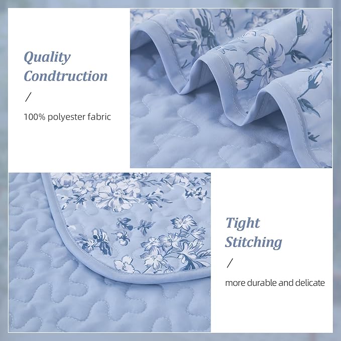 WONGS BEDDING Quilt King Size, Blue Quilt Bedding Set with 2 Pillowcases, Botanical Quilt for King Bed, Soft Microfiber Lightweight Coverlet Bedspread for All Season (110"×90", 3 Pieces)