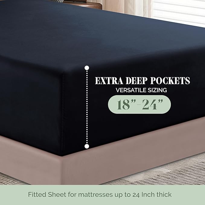 Elegant Comfort 1500 Premium Hotel Quality 18-24 Inches Deep - Extra Deep Pocket Single Fitted Sheet for High Mattress, Luxury and Softest, Smart Pocket - Wrinkle Free, Queen, Black