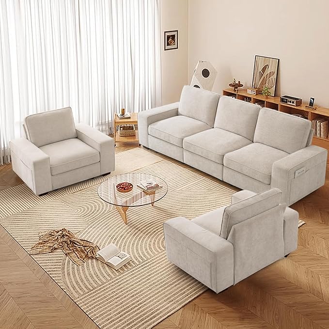 TEKAMON 45" Accent Chair with Seat Storage, Oversized Wide Single Sofa Chair, Modern Chenille Fabric Armchair for Living Room/Office with Wide Armrests, Side Pockets, USB Port, Washable Covers, Beige