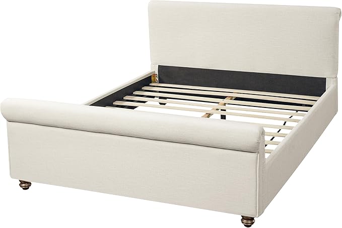 Christopher Knight Home Chenzi Linen Upholstered Queen Bed Frame with Headboard and Footboard, Wooden Platform Queen Size Bed Frame and Double-Layer Oval Legs, No Box Spring Needed, Beige