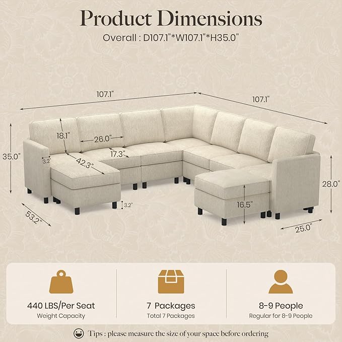 Belffin 107.1" 9 Seats Modular Sectional Sofa U Shaped Couch Big Corner Washable Sectional Couches for Living Room Comfy Couches with Storage Seat Couch Sofas with Chaise,Beige