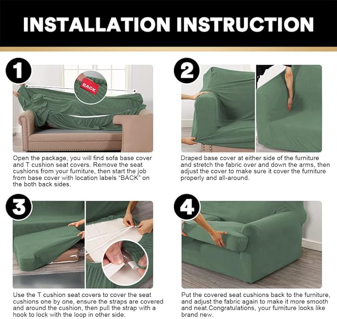 PrinceDeco T Cushion Sofa Slipcover 3 Pieces Sofa Covers for T Cushion Couch Soft Couch Cover Sofa Slip Covers (70"-88") Furniture Covers with 2 Individual T Shape Seat Cover, Loden Frost