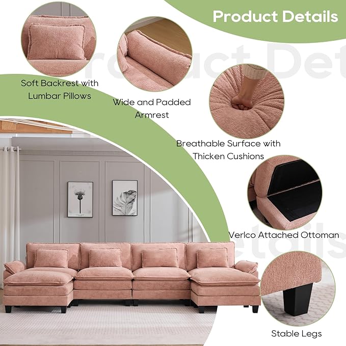 154" Modular Sectional Sofa, Comfy Cloud Couch Sectional Sofa with Ottoman, Chenille Sofa Sleeper Deep Seat Sofa with Throw Pillows for Living Room (Pink, 154"- U Shape)