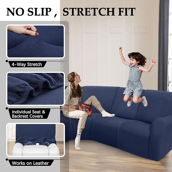 Waterproof Reclining Sectional Couch Covers Washable L Shaped Couch Cover for Sectionals Recliner Sofa Covers Stretch Corner Recliner Slipcovers for Dogs (5 Seater Cover, Navy Blue)