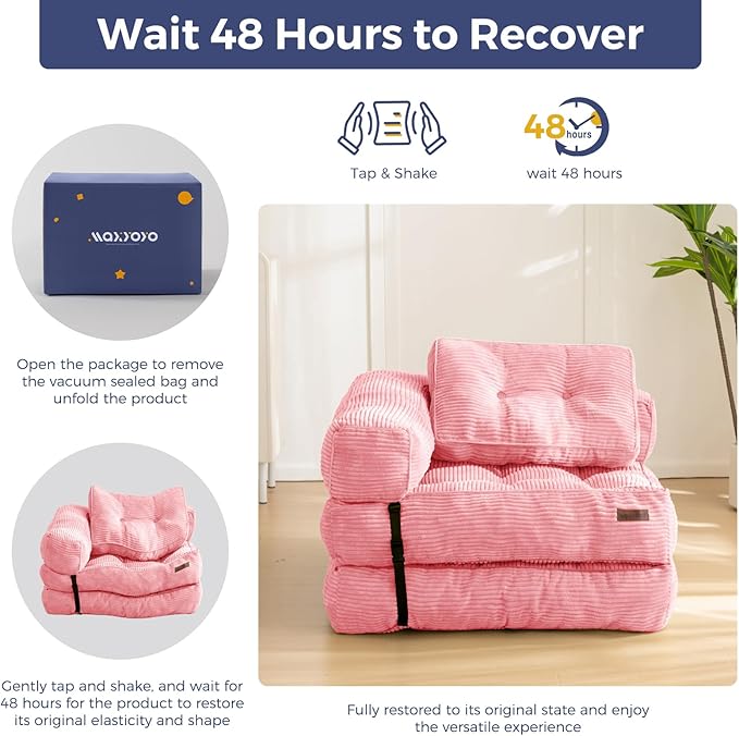 MAXYOYO Folding Sofa Bed, L-Shaped Convertible Sofa Bed with Armrest Foldable Sleeper Sofa with Pillow, Portable Fold Out Chair Bed Comfy Floor Lounge for Living Room Bedroom, Pink