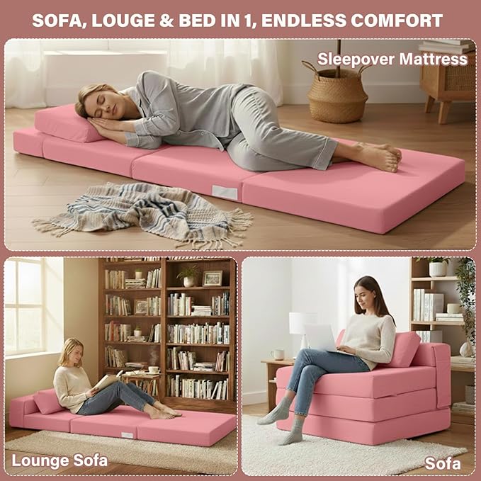 Tiita Folding Sofa Bed Chair, 4-Fold Convertible Sleeper Chair with Lumbar Pillow, Washable Cover & Side Pocket, Floor Couch Bed with Raised Seat, Single Size for Small Spaces, Pink