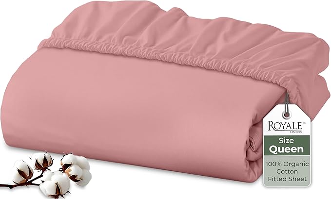 Royale Linens 100% Organic Cotton Fitted Sheet - Percale Weave - Super Soft Deep Pocket Bottom Sheets - Pink Elastic Sheet Queen Size - Queen Fitted Sheets Only - (60"x80"+15", Pink)