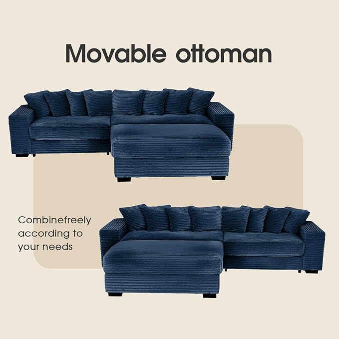 smilesun Luxe Oversized L Shaped Sofa with Chaise，Comfy Faux Fur Plush L Shaped Sectional Couches with 8 Pillows，Soft Fluffy Upholstered Sofa Bed for Living Room Apartment Bedroom (Navy Blue)