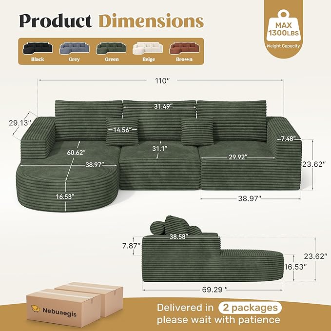 110" Modular Sectional Sofa Couches, Cloud Couches for Living Room, Boneless Sofa with Deep Seat,L-Shape Couch with Chaise,No Assembly Required,Green,1 PCS