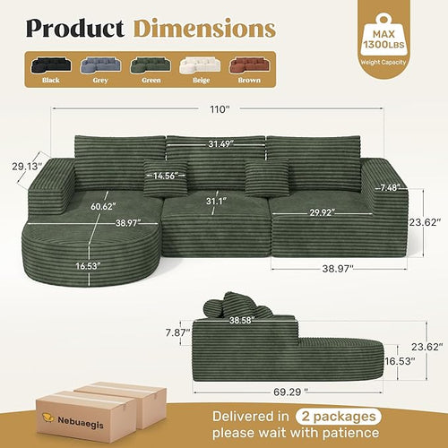 110" Modular Sectional Sofa Couches, Cloud Couches for Living Room, Boneless Sofa with Deep Seat,L-Shape Couch with Chaise,No Assembly Required,Green,1 PCS