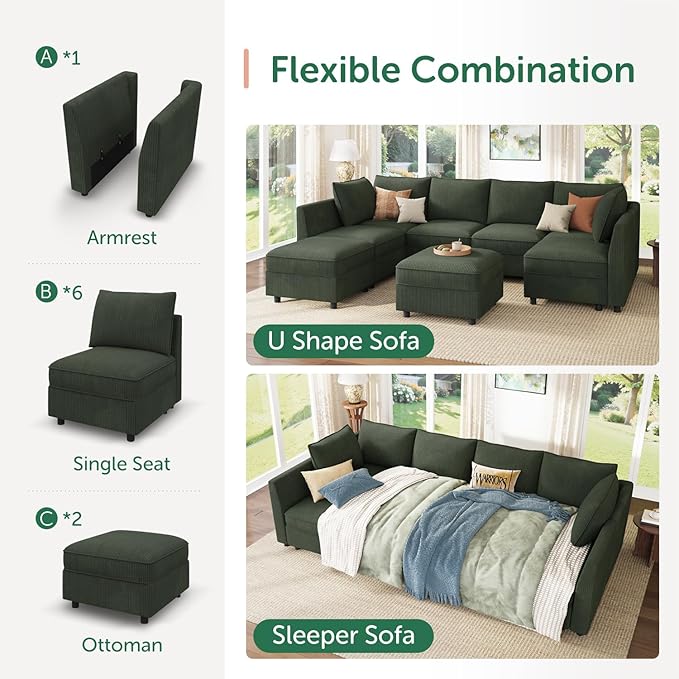 HONBAY Modular Sofa Sectional Sleeper Couch with Storage Seat Reversible Sectional Sleeper Couch Modular Sofa - Green