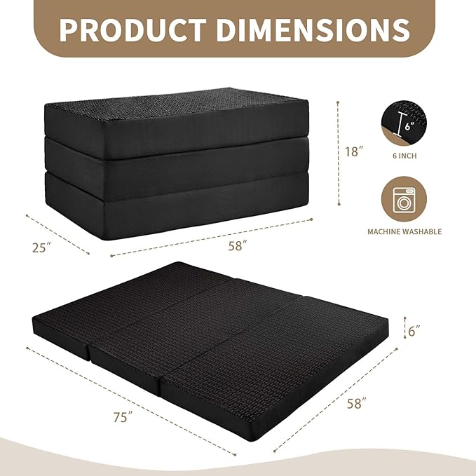 CYMULA Folding Mattress Queen Size, Memory Foam 6 inch Tri Portable Trifold Mattress Futon Topper Queen with Breathable & Washable Cover, Murphy Bed Guest Bed,Black (58"x75"x6")