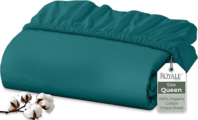 Royale Linens 100% Organic Cotton Fitted Sheet - Percale Weave - Super Soft Deep Pocket Bottom Sheets - Elastic Sheet Queen Size - Queen Fitted Sheets Only - (60"x80"+15", Teal)