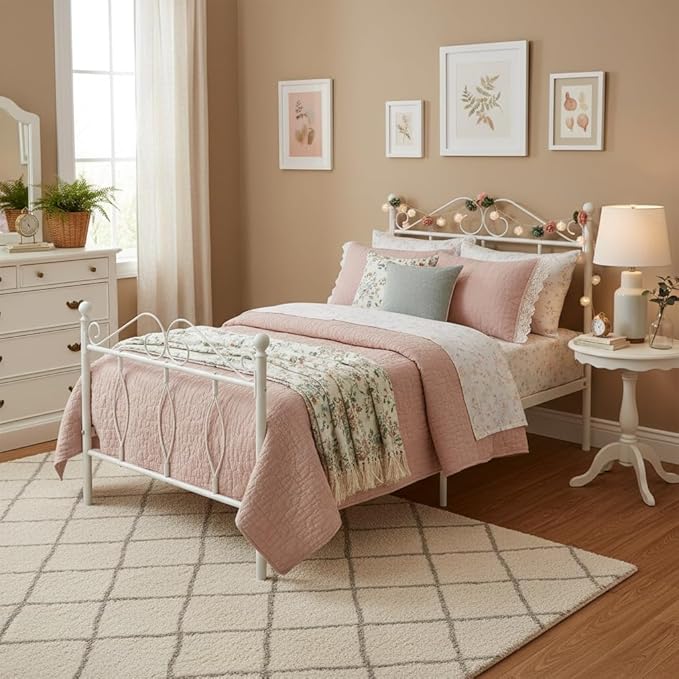 FurnitureR Platform Metal Bed Frame with Headboard/Footboard/Steel Slats, Modern White Mattress Foundation with Storage, No Box Spring Needed Double Bed, Easy Assembly, Single
