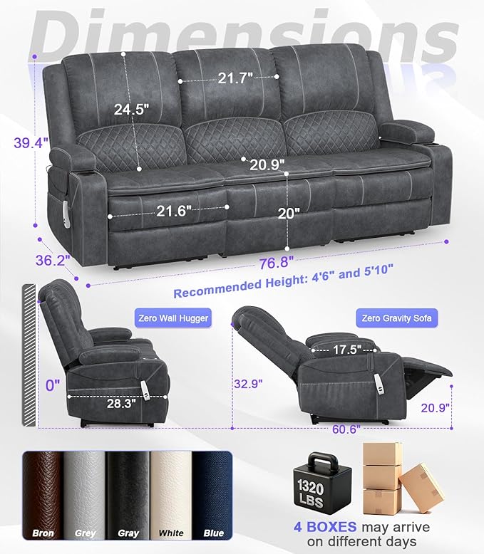 Power Loveseat Recliner Sofa, Removable Armrest 3 Seats Power Reclining Loveseat with Remote Liftable Console, Wall Hugger RV Theater Seating with Storage & USB & RGB (Velvet, Grey)