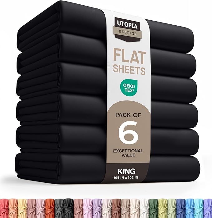 Utopia Bedding Flat Sheets - Pack of 6 - Soft Brushed Microfiber Fabric - Shrinkage & Fade Resistant Top Sheets - Easy Care (King, Black)