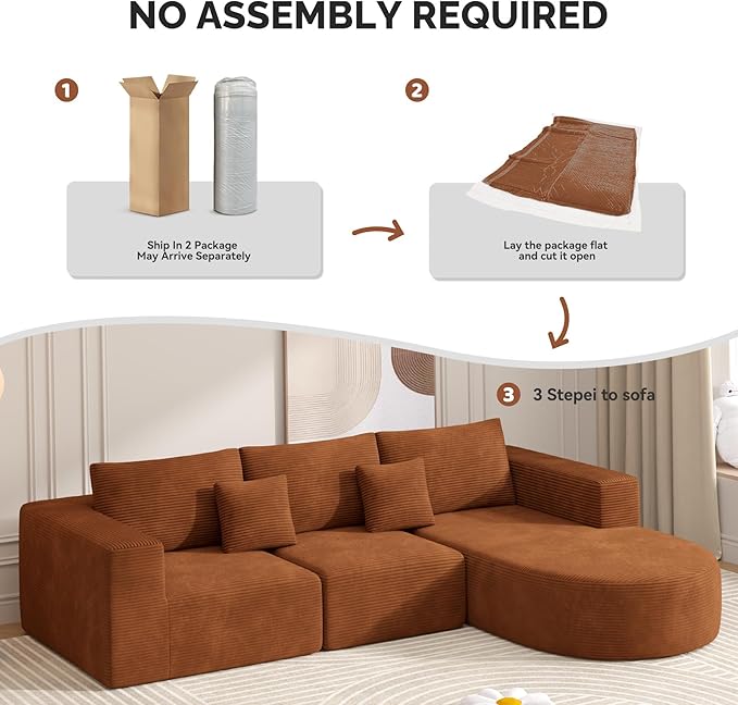 Boneless Couches for Living Room,Cloud Sectional Couch with L-Shape Chaise,Modern Modular Sofa with Deep Seat Upholstered Comfy Couches for Bedroom,No Assembly Required,1PCS