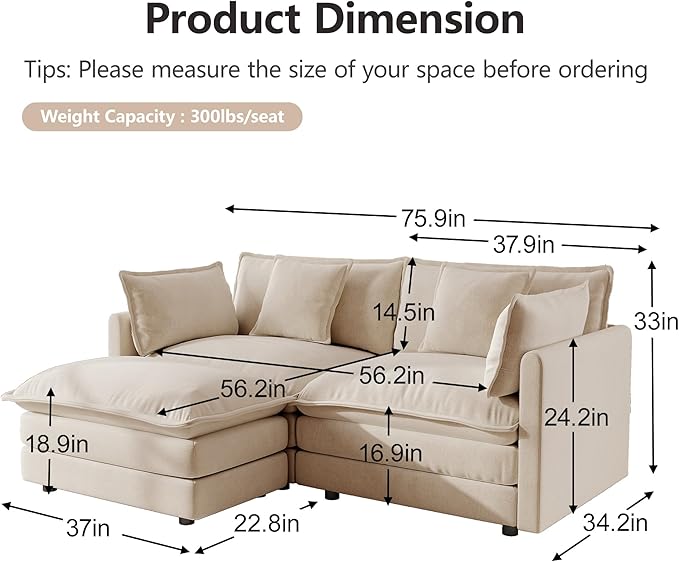 mikibama Modular Sectional Sofa, 76.4 Inch L Shaped Couch Set for Living Room, Loveseat Comfy Cloud Couches with Movable Ottoman, DIY Combination, Chenille, Light Coffee