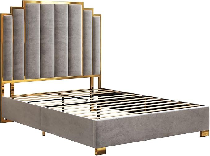 AMERLIFE Queen Size Upholstered Bed, Modern Velvet Bed Frame with 61.4” Tall Gold Trim Headboard, No Box Spring Needed, Grey