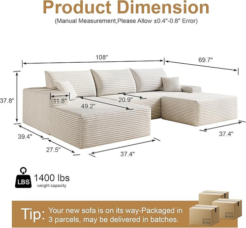 108" Sectional Couches for Living Room Cloud Couch Sofa with L-Shape Upholstered Boneless Couchs Modern Modular Sectional Couch with Chaise (White, 108" Left Facing Chaise+2Seaters+1Ottoman)