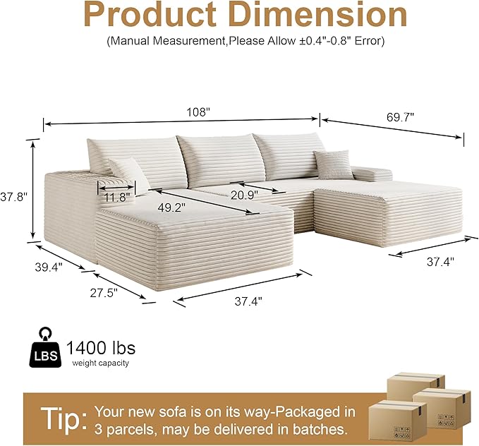 108" Sectional Couches for Living Room Modern Modular Sofa with L-Shape Couchs Upholstered Boneless Couch Deep Seat Sectional Couch with Chaise (White, 108"Left facing chaise+2Seaters+1Ottoman)