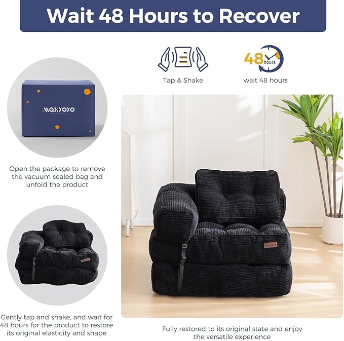 MAXYOYO Folding Sofa Bed, L-Shaped Convertible Sofa with Armrest Foldable Sleeper with Pillow, Portable Fold Out Chair Bed Comfy Floor Lounge for Living Room Bedroom, Black