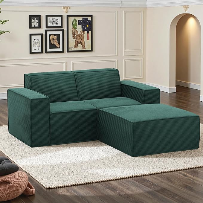 Cozy Castle 71" Loveseat Sofa, L Shaped Comfy Corduroy Boneless Couch with Deep Seat and Ottoman Chaise Cloud Sofa Upholstered Couches for Living Room Bedroom No Assembly Required (Green)