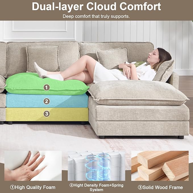 Modular Sectional Sofa with Ottoman, 76.7" Modern L Shaped Sectionals Cloud Couch, Comfy Couch Loveseat, 3 Seat Chenille Deep Seat Sofa with Pillow for Living Room,Bedroom Apartment,Small Spaces-Camel