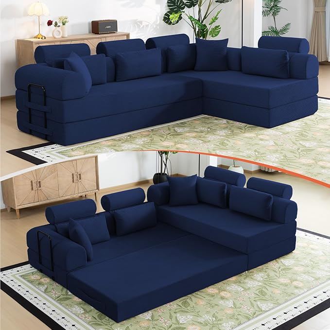 106” L Shaped Boneless Sectional Couch, Two 70.87” Pieces Convert to 141.7” Extra Long Straight Sofa, Corduroy Couch in a Box with Headrest and Back Pillows for Apartment Living Room, Dark Blue