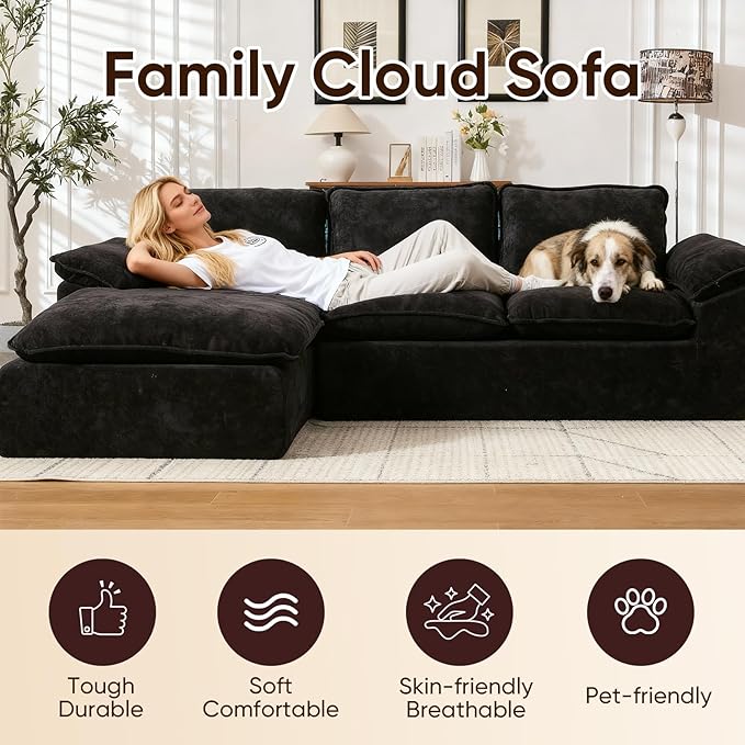 105.6”L Shape Modular Sectional Couch for Living Room, Modern Cloud Sectional 3 Seat Sofa with Oversized Chaise, Woven Texture Upholstery Boneless Couch (Black, Left Facing Chaise)