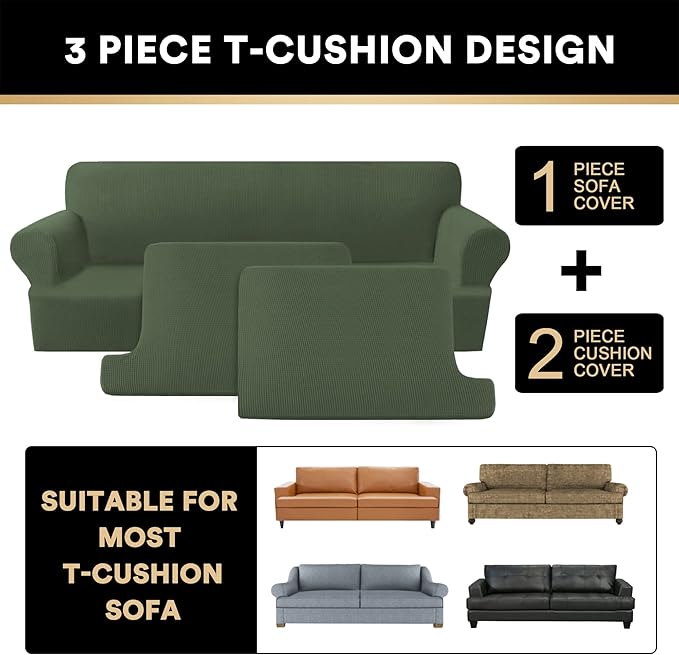 PrinceDeco T Cushion Sofa Slipcover 3 Pieces for Sofa, Soft Couch Cover, Furniture Covers with 2 Individual T Cushion Shape Seat Covers Width Up to 88 Inch, Washable, Bronze Green